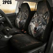 2件装汽车座椅套，数码印花大灰狼头图案，可水洗冰丝通用型汽车座椅保护套，创意汽车内饰装饰，防尘 - 彩色 - 查看 8