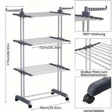 Movable Rolling Clothing Drying Rack, Adjustable Multi-Tier Laundry Air Dryer Rack, Space Saving Foldable Garment Stand For Towels, Socks, Pants, Shirts - Blue and White - View 10