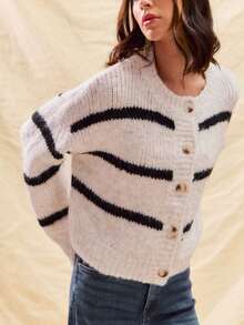 Womens Casual Cardigan Chic Striped Button Front Knit Sweater Cream Black Long Sleeve Crew Neck Fall Winter - 混色/黑色 - 查看 3
