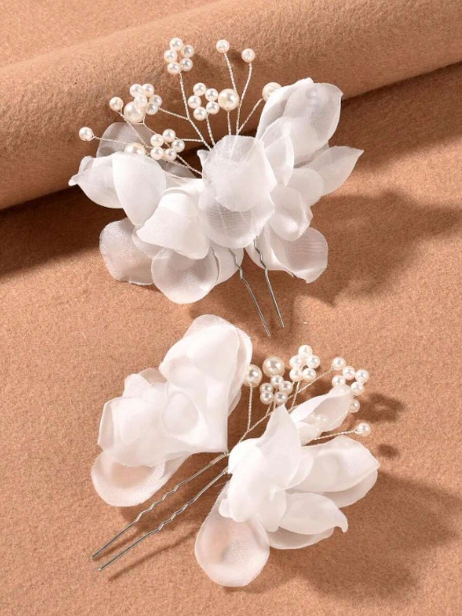 2pcs/Set Women's Tangerine Fabric Flower & Pearl Hair Clips, Wedding/Party Accessories - White - View 1