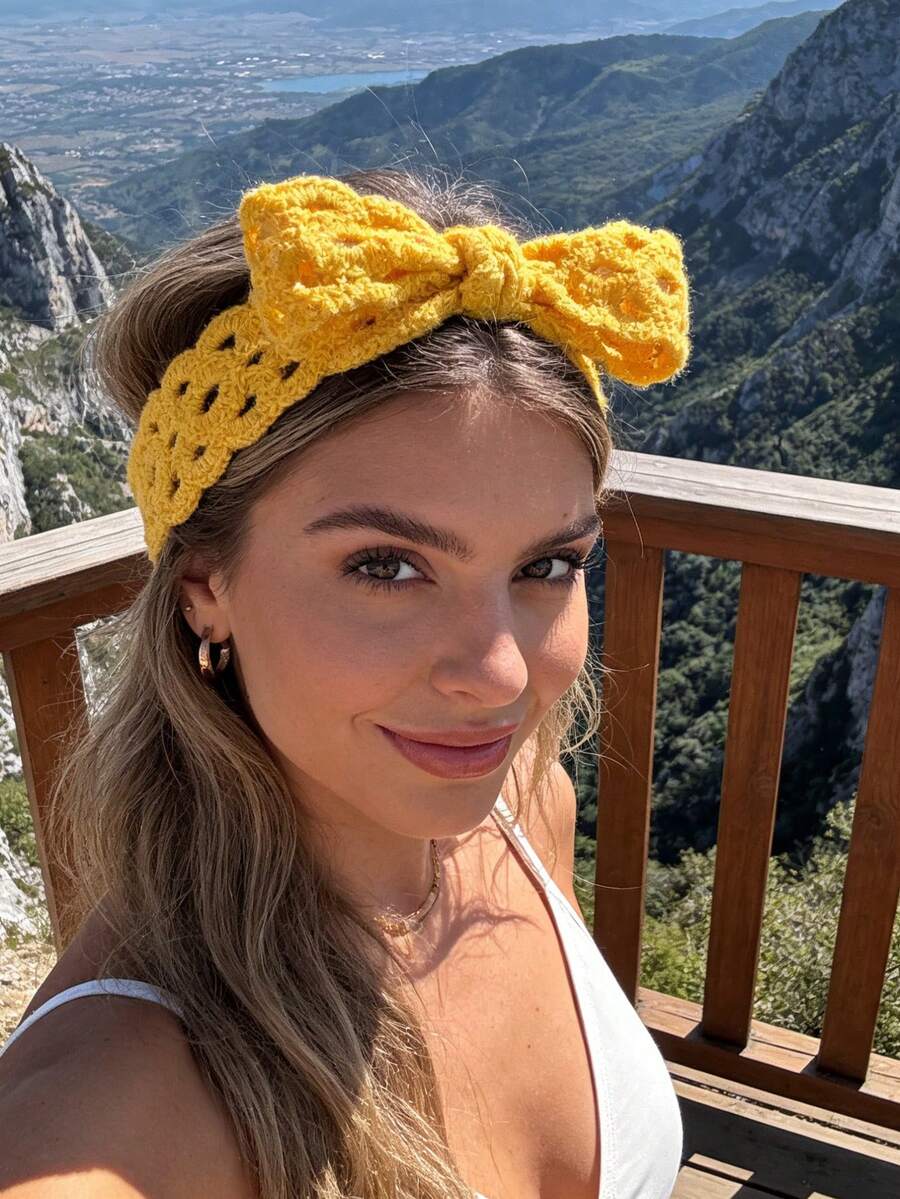 1pc Vintage Crochet Headband, Lightweight Hollow Bowknot Hair Accessory, Suitable For Beach Vacation And Summer Fashion - Multicolor - View 1