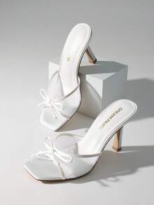 Women Fashion Stiletto Mule Sandals With Bow Mesh Decorative, Open Toe Mesh Breathable Slip-On Summer High Heel Sandals For Daily Party Wedding Wearing - 白色 - 查看 1