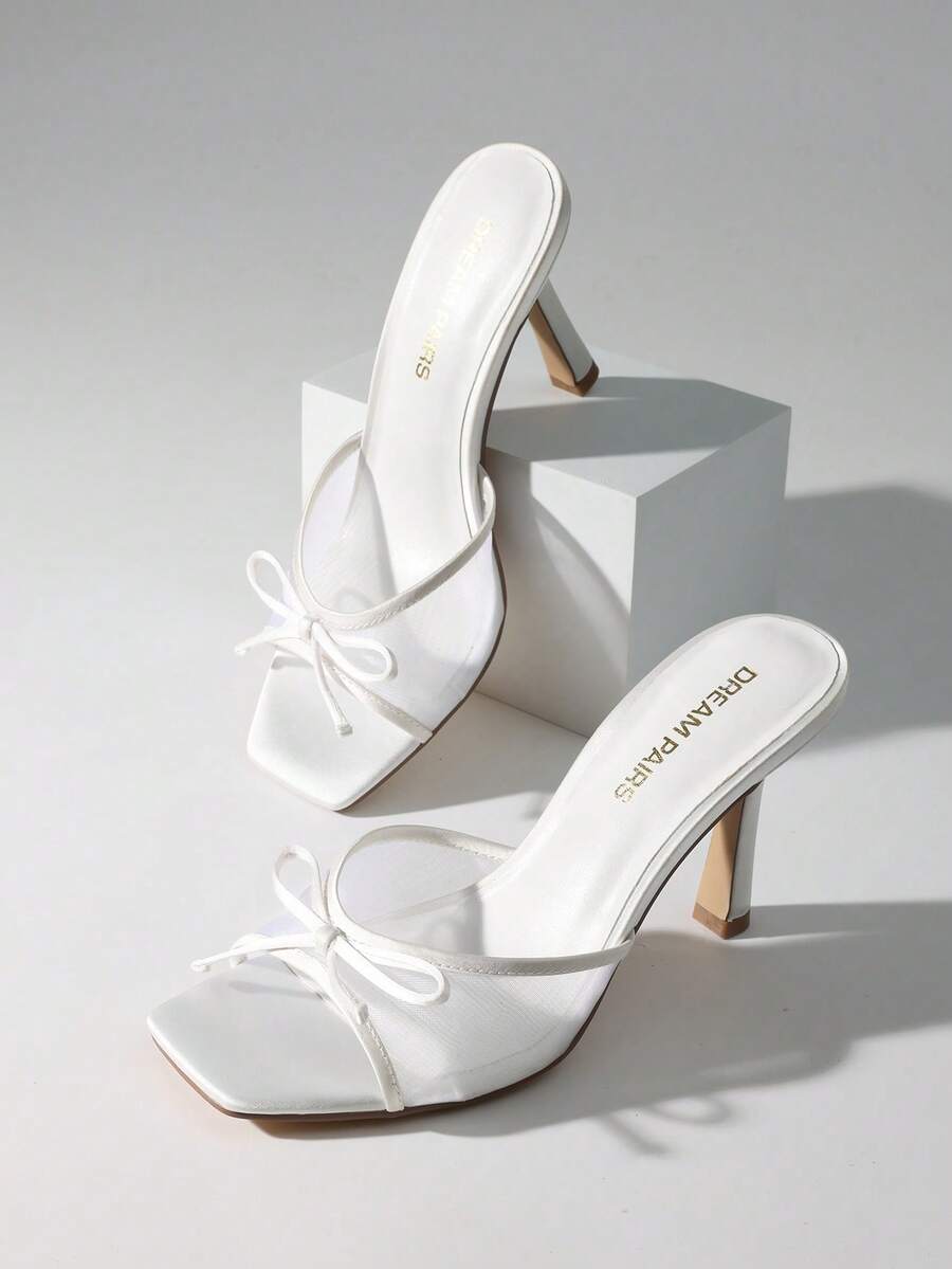 Women Fashion Stiletto Mule Sandals With Bow Mesh Decorative, Open Toe Mesh Breathable Slip-On Summer High Heel Sandals For Daily Party Wedding Wearing - 白色 - 查看 1