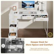 HLDIRECT Computer Desk With 6 Drawers, 47" Home Office Desk With Fabric Storage, Sturdy Steel Frame, Vintage Wood Grain Writing Table For Bedroom, Living Room, Yellow Handle, White - 白色 - 查看 5