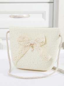 Children's Straw Bag, Cute Girls' Shoulder Crossbody Bag, Beach Woven Bag, Spring/Summer - Lace Bow - View 2