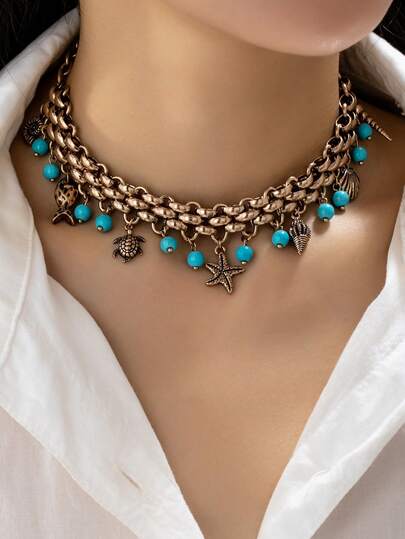 1 pieza Collar gargantilla de cadena gruesa vintage con encantos de estrella de mar, colgante de tortuga marina, cuentas de turquesa azul colgantes, collar declarativo para mujeres, joyería de playa de verano para vacaciones