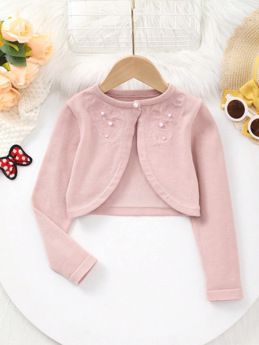 Áo khoác cardigan dệt kim ngắn tay màu trơn thời trang cho bé gái, cài một nút, thêu họa tiết ngọc trai, thích hợp mặc ở nhà hoặc phối đồ, cũng có thể làm quà tặng Eid Al-Adha. Kích thước lớn hơn bình thường, nên đặt size nhỏ hơn một size. - Bụi hồng - Xem 1