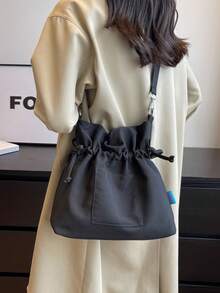 Sac seau en canevas grande capacité pour femmes - Fermeture à cordon, sac à bandoulière et porté en travers, style minimaliste et rétro, cabas polyvalent pour le trajet, le travail, les tenues décontractées et de tous les jours - Noir - Voir 5