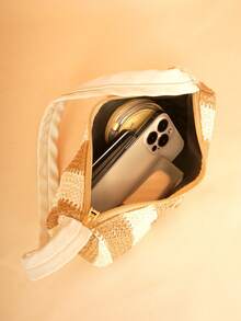 Beige & White Striped Straw Shoulder Bag, Large Capacity Woven Tote Bag, Women's Summer Beach Handbag, Casual Vacation Purse - Apricot - View 5