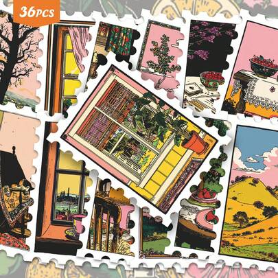 36pcs Interior Illustration Art Stickers Pack | Dynamic Vinyl Decals With Whimsical Home Scene & Nature Designs | For Laptop, Decor & Gift | For Art Fans & Atmospheric Vibe Enthusiasts