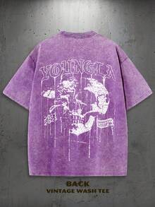 1PC Y2K Vintage Washed T-Shirt | Men's Graphic Tee | YLA Dripping Skull Design Pattern | Gifts For Men Or Boyfriend | 100% Cotton | 230Gsm Thickened Fabric | Unisex - Purple - View 2