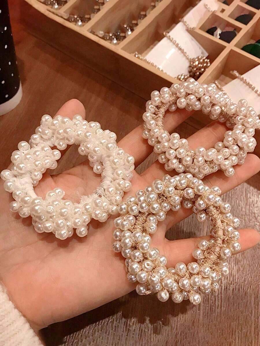 3pcs Women's White And Gold 9cm/3. 54in Faux Pearl Hair Ties, Fashionable And Versatile High-End Simple Style Hair Accessories, Suitable For Daily Wear, Casual Parties, Commutes, And Holidays, Perfect For Ponytails, Buns, Washing Faces, Applying Makeup, And Matching Clothing. ,School Ponytail Holders Hair Elastics Hair Rubber Bands Scrunchies Hair Rope Elastic Hair Tie, Hair Bobbles Head Accessories Elastic Band - 彩色 - 查看 1