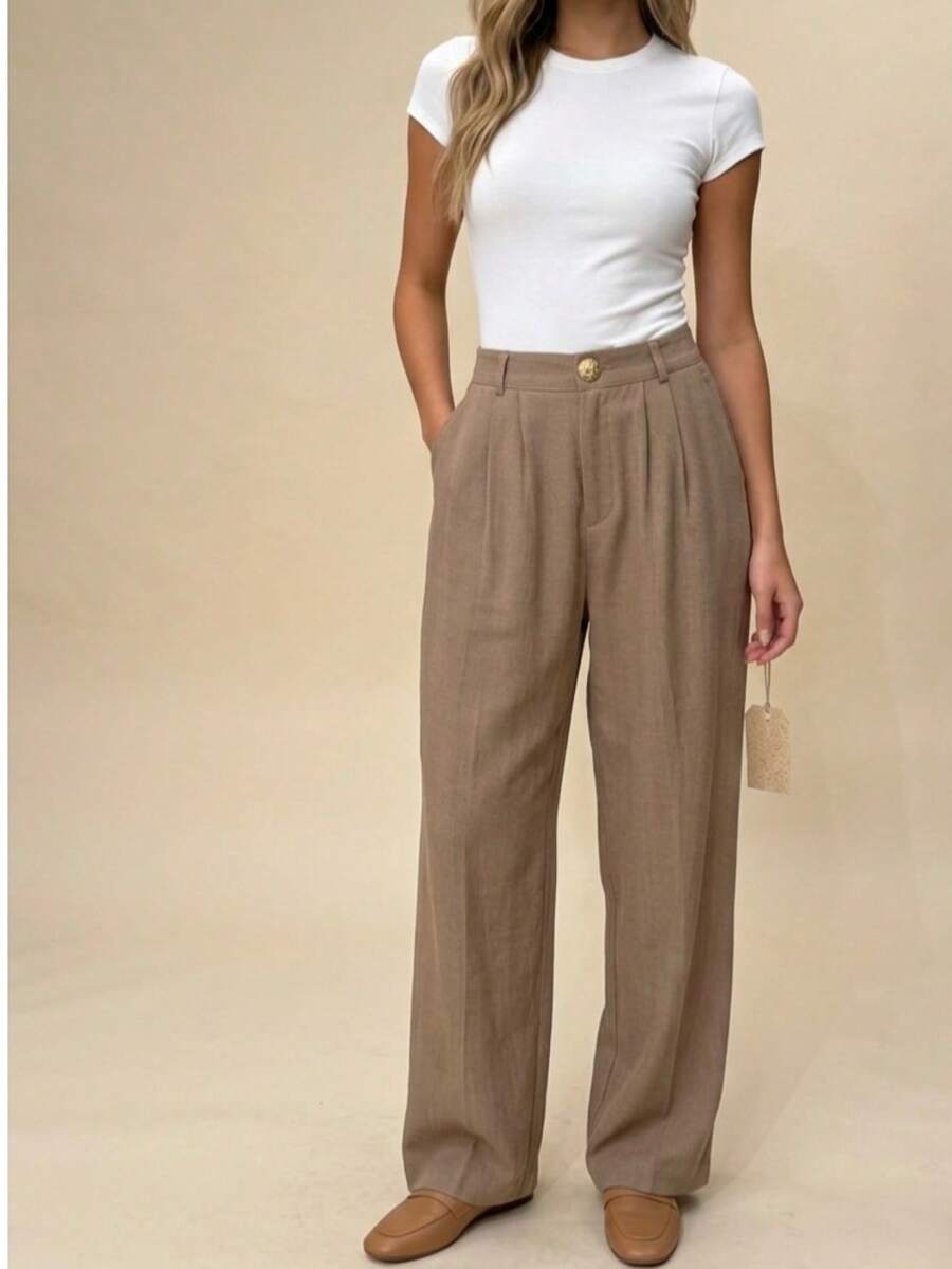Wide-Leg Trousers With Elastic At The Back / Linen Fabric / Front Pockets / Classic SH504 Home - 杏色 - 查看 1