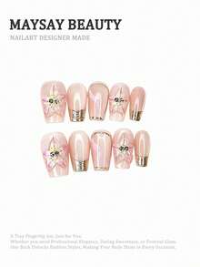 10pcs Middle Square Round Fake Nails With Soft Pink Pearl Base, 3D Pink-Purple Gradient Flower (Black Rhinestone & Pearl Accent) & Metallic Gold Edge Design Sweet Luxurious Style 100% Handmade Press On Acrylic Nails Reusable Nail Supplies Including 1pc Jelly Glue,1pc Stick And 1pc Nail File For Women's Daily Or Party Wear - Multicolor - View 1