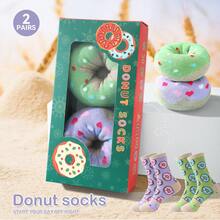 2 Pairs New Colorful Donut Design Mid-Calf Socks Gift Box, Spring/Summer Unisex Sports Socks, Imaginative Food-Inspired Creative Design, Knitted Fabric, Tall Thick Soft Comfortable, Perfect For Birthday, Valentine's Day, Easter, Festival, Carnival, Dates, Parties, Holidays Gifts, Quirky Abstract Daily Casual Wear Socks, Popular Food-Themed Outfits, Suitable For All Seasons, Great Gift For Couples, Friends, Vacation, Outdoor Sports, Gym, Home, Office - Multicolor - View 9