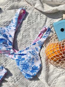 Women's Summer Bikini Set, Elegant Romantic Double-Sided Printed Twist Design Bikini Set, Suitable For Beach Vacation - Powder Blue - View 4
