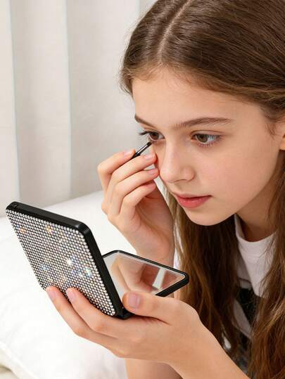 1pc Fashion Portable Makeup Mirror With Rhinestones, Cosmetic Compact Mirror, Handheld Double-Sided Folding Mirror, Gift