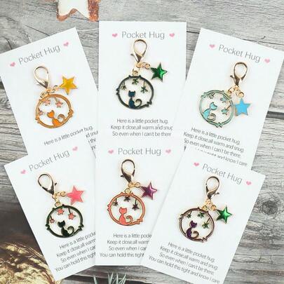 1pc/6pcs Cute Cat & Star Combination Keychain Set, Comes With Pocket Hug Card, Gift For Cat Lovers, Unisex Lobster Clasp; Adorable Shoe Charm Decor; Creative Keychain, Decorative Keychain, Unisex Keychain, Fantastical Animal Theme, High-Quality Accessory Set, Delicate Craftsmanship