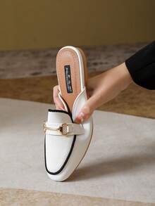 Women's Solid Color Retro Elegant Mule Slippers, Pure Metal Flat Shoes For Office, Party, Spring/Summer - White - View 6