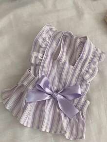 Lightweight Striped Cap Sleeve Pet Dress, Flutter Sleeve Design, Lavender Color, Soft And Comfortable, Spring/Summer - Mauve Purple - View 7