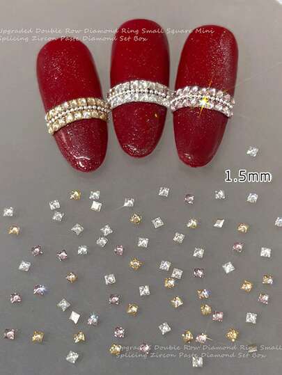 1 Box Sparkling Mini Square Cubic Zirconia Champagne Flat Bottom Nail Jewelry, DIY Rhinestone Nail Decor