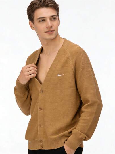  Áo khoác dệt kim tay dài, cổ chữ V, cài khuy đơn, thêu logo Nike màu trơn, kiểu dáng nam LY DQ6307-722
