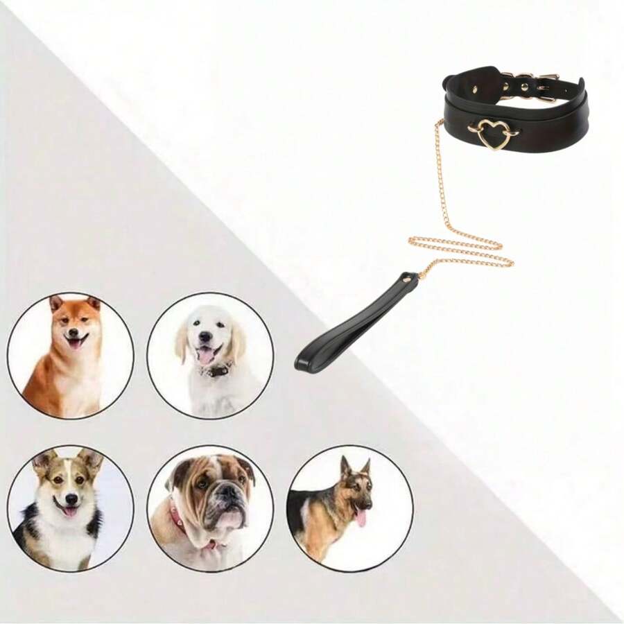 朋克哥特风心形牵引链，颈链套装，可调节颈链，宠物牵引绳 - 彩色 - 查看 1