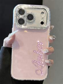 [Customized] Personalized Customized Letters Name Luxury Bling Glitter Rhinestone Pattern Phone Case Compatible With IPhone 17 Pro Max 17 16 15 14 13 12 Pro Max 14 15 16 Plus Shockproof Protective Cover - Baby Pink - View 25