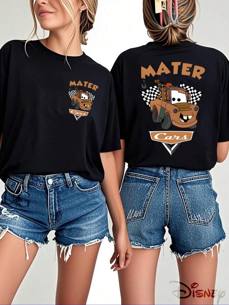 Disney Official Licensed, Disney Cars, Tow Mater, Double-Sided Print, 100% Cotton, Crew Neck T-Shirt, Retro Racing Style, Casual Wear, Spring & Summer Top, Disney Merch, Fan Collectible - 黑色 - 查看 1