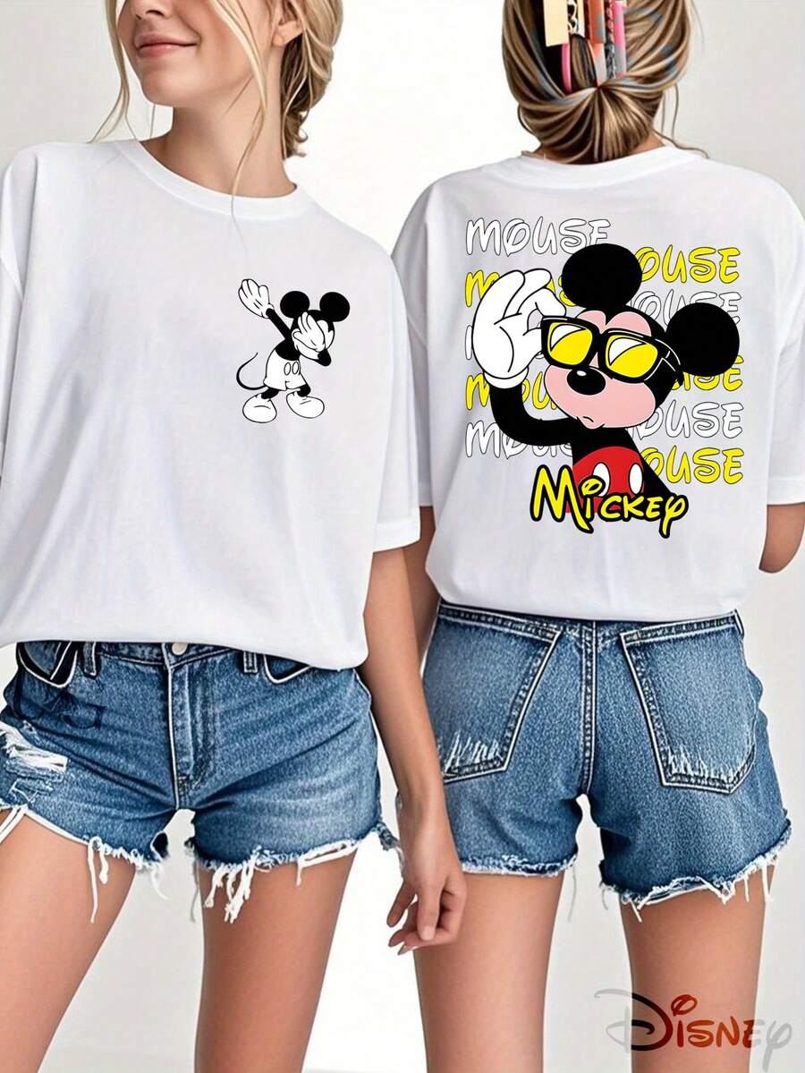 Disney Official Licensed, Mickey Mouse, Sunglasses, Double-Sided Print, 100% Cotton, Crew Neck T-Shirt, Streetwear, Casual Wear, Spring & Summer Top, Disney Merch, Fan Collectible - 白色 - 查看 1