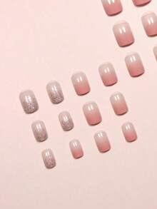 24pcs Short Square UV Glitter Gradient Pink-Orange Candy Color False Nails + 1pc Jelly Glue + 1pc Nail File Set Press On Nails Nail Supplies - 珊瑚粉 - 查看 9