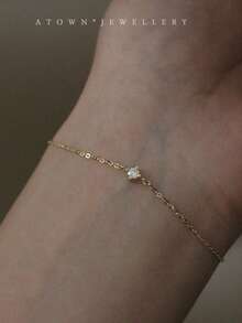 1pc 925 Sterling Silver Single Diamond Necklace Or Bracelet, Plated With 14k Gold Fine Chain, Single Diamond Bracelet, Minimalist Women's Daily Accessory - Gold - View 7