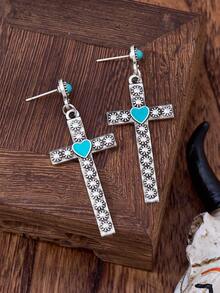 LUMIDIYA Retro Bohemian-Style Long Cross-Shaped Turquoise Earrings, Western Women's Denim Retro Earrings, Fashionable Ladies' Earrings, Daily Wear And Gifts - Multicolor - View 4