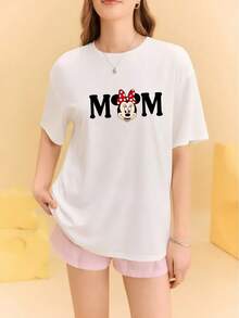 [Sold Separately For Men And Women] Disney Mother's Day And Father's Day Minnie Mouse & Mickey Mouse Dad Print Crew Neck Short-Sleeved T-Shirt | Sweet And Loose Fit | Versatile Casual Top Suitable For Couples' Dates, Family Outings, And Daily Commutes. - 女士T卹 - 查看 2