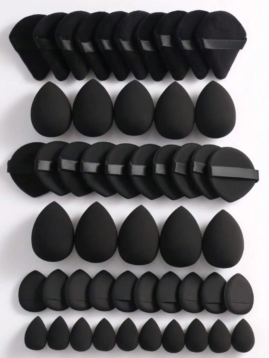 5/10/20/30/40/50/60/80/100pcs Makeup Sponge Set, Includes: 10 Liquid Foundation Sponges + 10 Mini Liquid Foundation Sponges + 10 Triangle Powder Puffs (For Loose Powder & Setting) + 10 Air Cushion Puffs (For Face Makeup) + 10 Mini Air Cushion Puffs (For Concealer), Suitable For Makeup, Home Decor, Vanity, Travel, Bedroom, Makeup Tools, Puffs, Makeup Sponge, Affordable, Gift For Her - Black - View 1