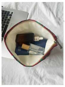 1个绿色和酒红色花卉图案便携多功能旅行化妆包，时尚休闲大容量拉链化妆包，旅行文具收纳包，度假必备化妆包，可装耳机、充电器、口红、化妆品、香水、护肤品、家居装饰品，适合妈妈、护士、学生、钥匙扣持有者，节日礼物 - 紅色 - 查看 7