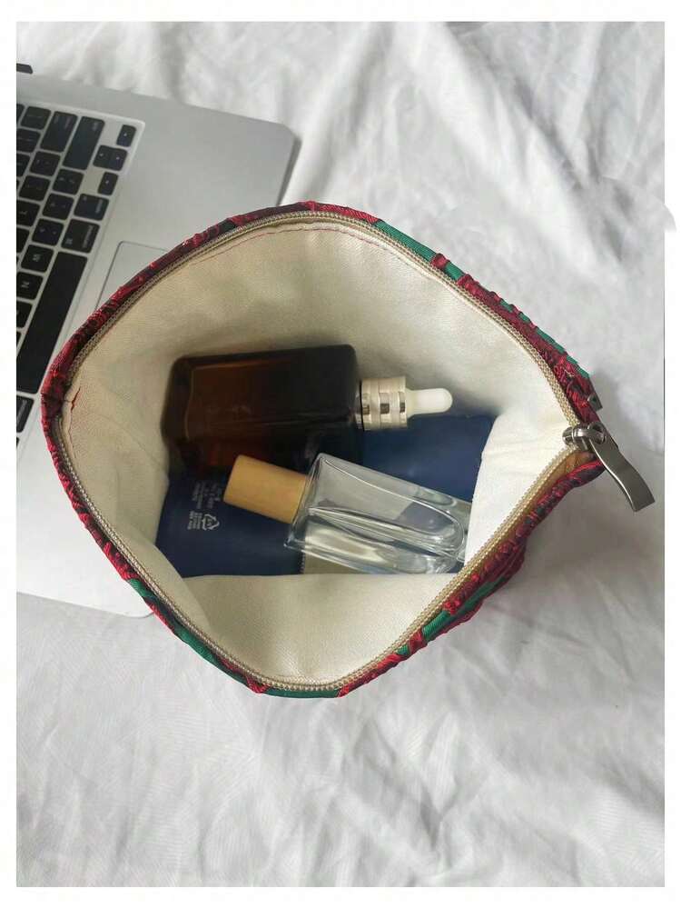 1个绿色和酒红色花卉图案便携多功能旅行化妆包，时尚休闲大容量拉链化妆包，旅行文具收纳包，度假必备化妆包，可装耳机、充电器、口红、化妆品、香水、护肤品、家居装饰品，适合妈妈、护士、学生、钥匙扣持有者，节日礼物 - 紅色 - 查看 6