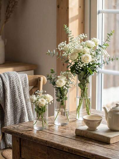 1 Pc/1 Set Glass Vase + Artificial Flower Arrangement Set, Nordic Minimalist Style Transparent Cylinder Flower Vase, Suitable For Fresh Flowers, Reeds, Artificial Flowers, Living Room, Dining Table, Wedding, Home Decor, Party, Reception, Unbreakable Vase, Minimalist Basket-Style Arrangement, Room Decoration