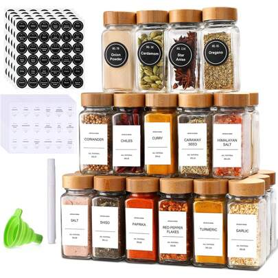 12 PCS Square Spice Jars With Bamboo Wooden Lid  Spice Jars With Labels - Bamboo Lid Glass Container For Spice Organisation.