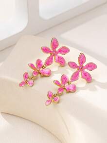一对金属3D长款粉色渐变花朵耳环，适合女性日常佩戴、节日、母亲节礼物、社交场合、派对等场合。 - 玫紅色 - 查看 2