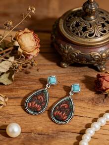 Pendientes de botón con flor de resina rojo-marrón estilo bohemio, pendientes de gota de turquesa verde en capas - Multicolor - Ver 10