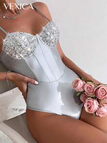 Vexica Women's Colorful Knitted Sleeveless Bodysuit With Spaghetti Straps, Backless Design And Shiny Contrast Sequins - Silver - View 8