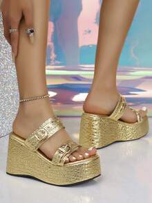 1 Pair Fashionable Buckle Decor Platform Sandals, Versatile For Outdoor Wear In Spring And Autumn - Gold - View 9