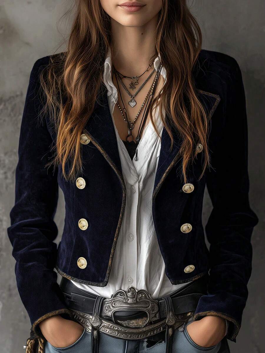 Chaqueta blazer de mujer con ribete de color contrastante en estilo retro - Azul Marino - Ver 1