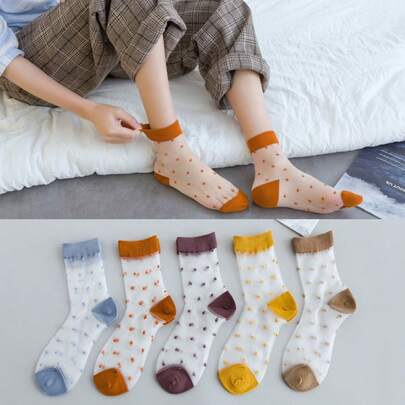 1/3 Pairs Women's Thin Crystal Glass Silk Stockings, Polka Dot Transparent Socks, Mid-Calf Socks