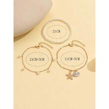 3pcs/Set White Pearl Tassel Sea Star Shell Pendant Anklet Gold Color Multilayer Women Foot Jewelry, Suitable For Daily Wear And Vacation - Multicolor - View 4