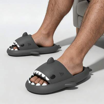  情侣鲨鱼图案拖鞋，厚底室内/室外家用浴室淋浴拖鞋，男士，夏季