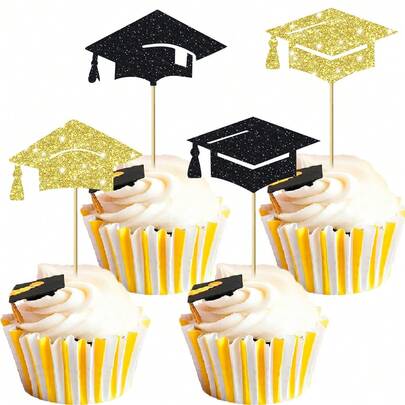 12/24 piezas Decoraciones para cupcakes con tapas de graduación con brillo, decoraciones de fiesta de graduación con tema de felicitaciones para pasteles