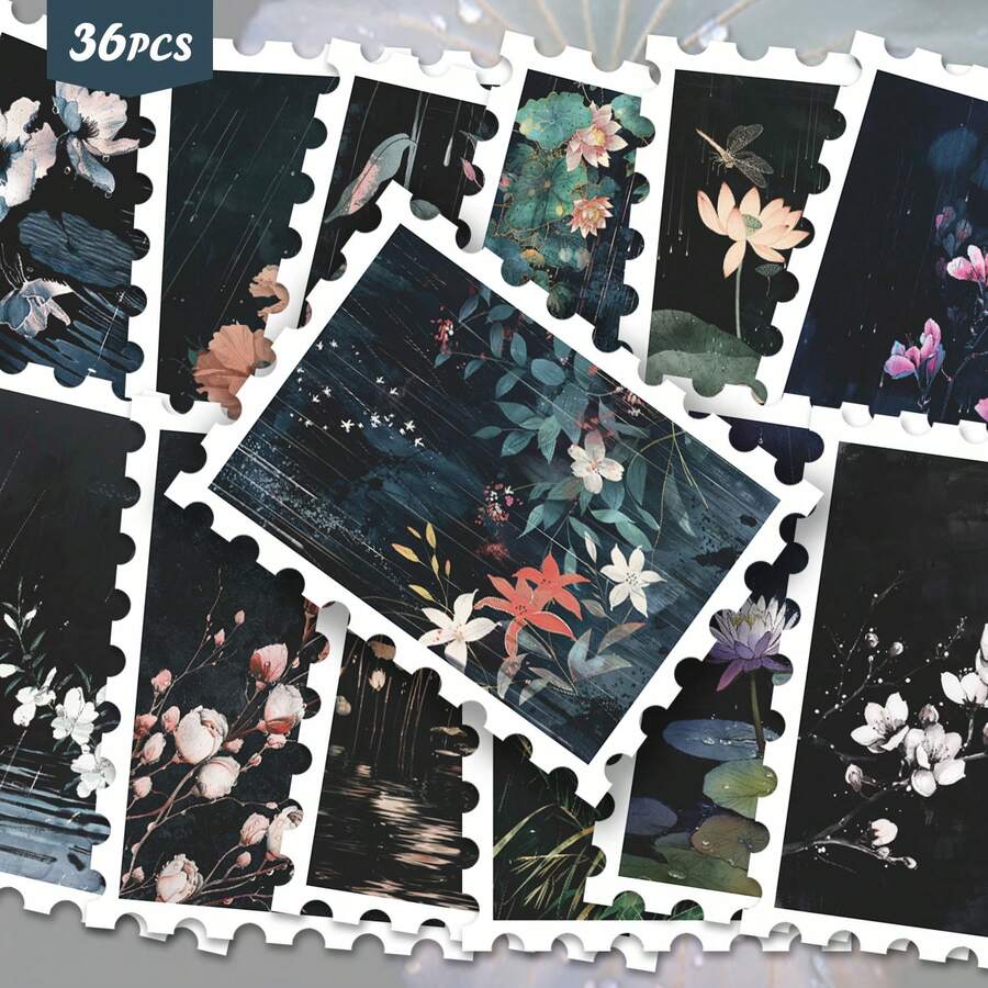 36pcs Art Dark Night Plant Scene Sticker Pack | Fashionable Dark Floral And Lotus Pattern Vinyl Stickers | Suitable For Phone, Luggage And Decoration | Perfect For Fans Who Love Atmospheric Vibes - Rectangle - View 1