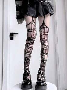 1 Pair Of Spider Web Suspenders, High Tube Hollow Mesh Socks, Long Tube Knee High Suspender Socks, Hollow Socks, Suitable For Daily Parties - Đen - Xem 5